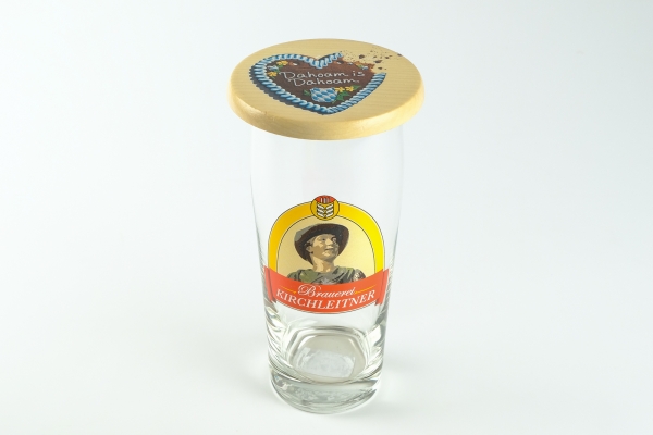 Fanset "Kirchleitner-Bierglas (0,5 Liter) + Glasabdecker aus Holz mit farbigen DiD-Logo