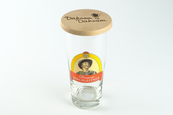 Fanset "Kirchleitner-Bierglas (0,5 Liter) + Glasabdecker aus Holz mit gelaserten DiD-Schriftzug"